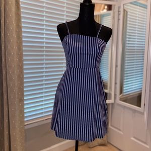 thin strap, navy blue striped dress